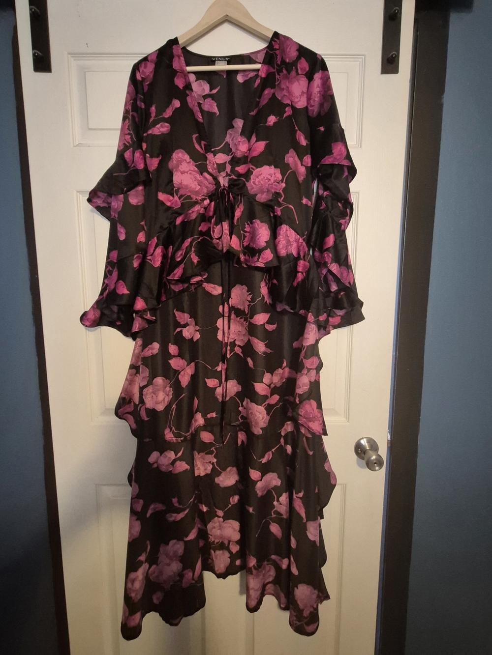VENUS Black Maxi Dress with Magenta Floral Print